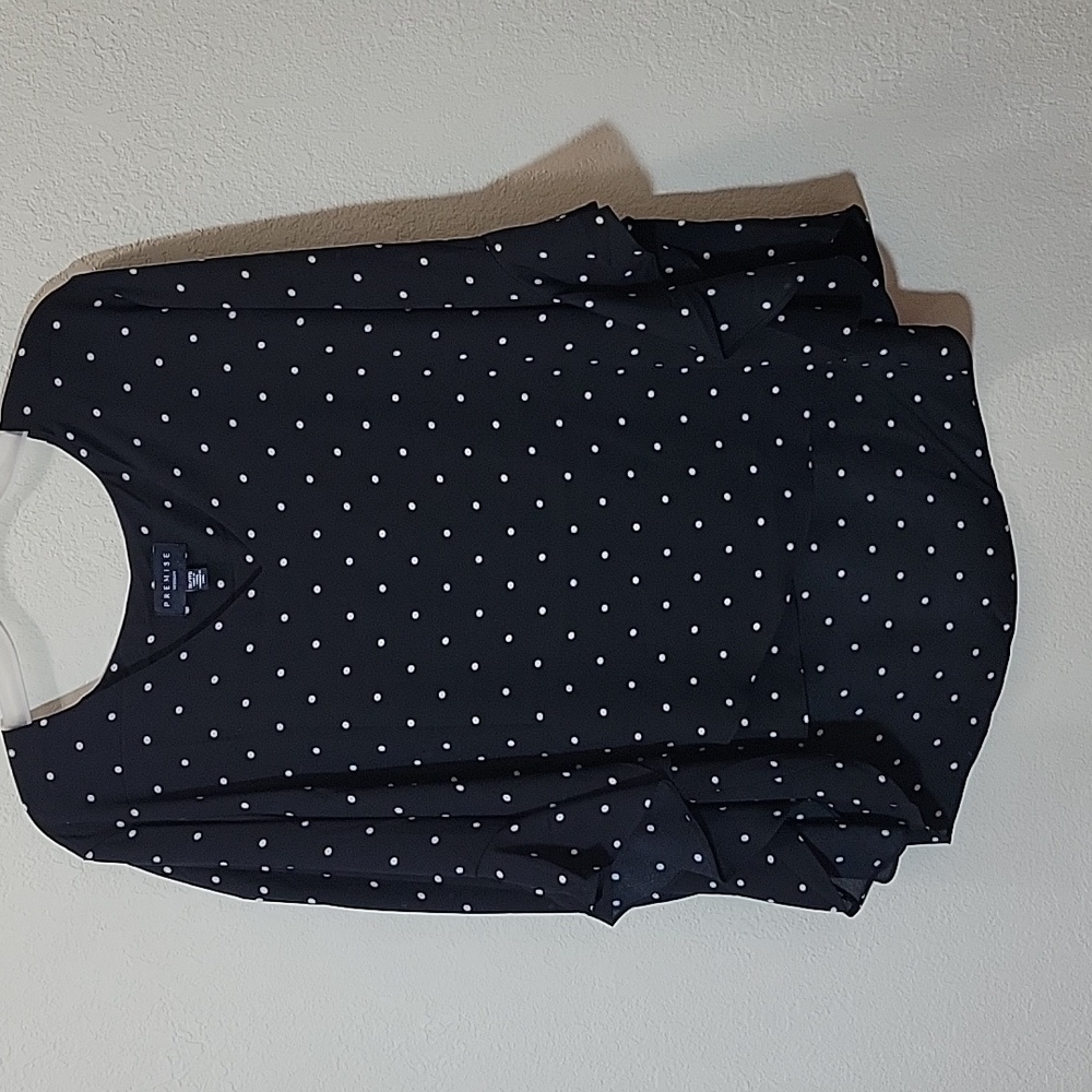 Gently Used Black and White Polka-dot Long Sleeve Top with Ruffle Sleeve